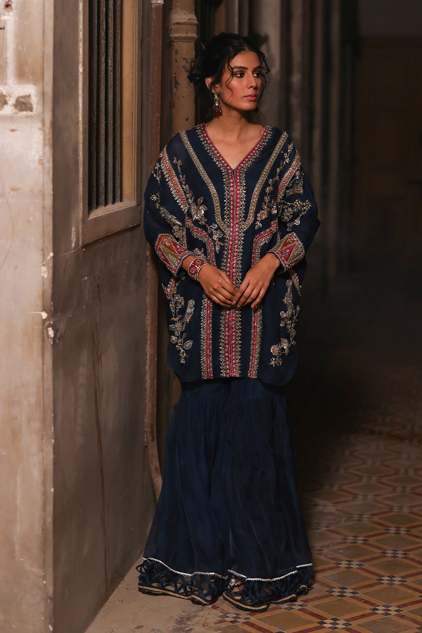 Pakistani Navy Zardozi Organza Cape Jacket with Silk Gharara (3-Piece) - Image 1