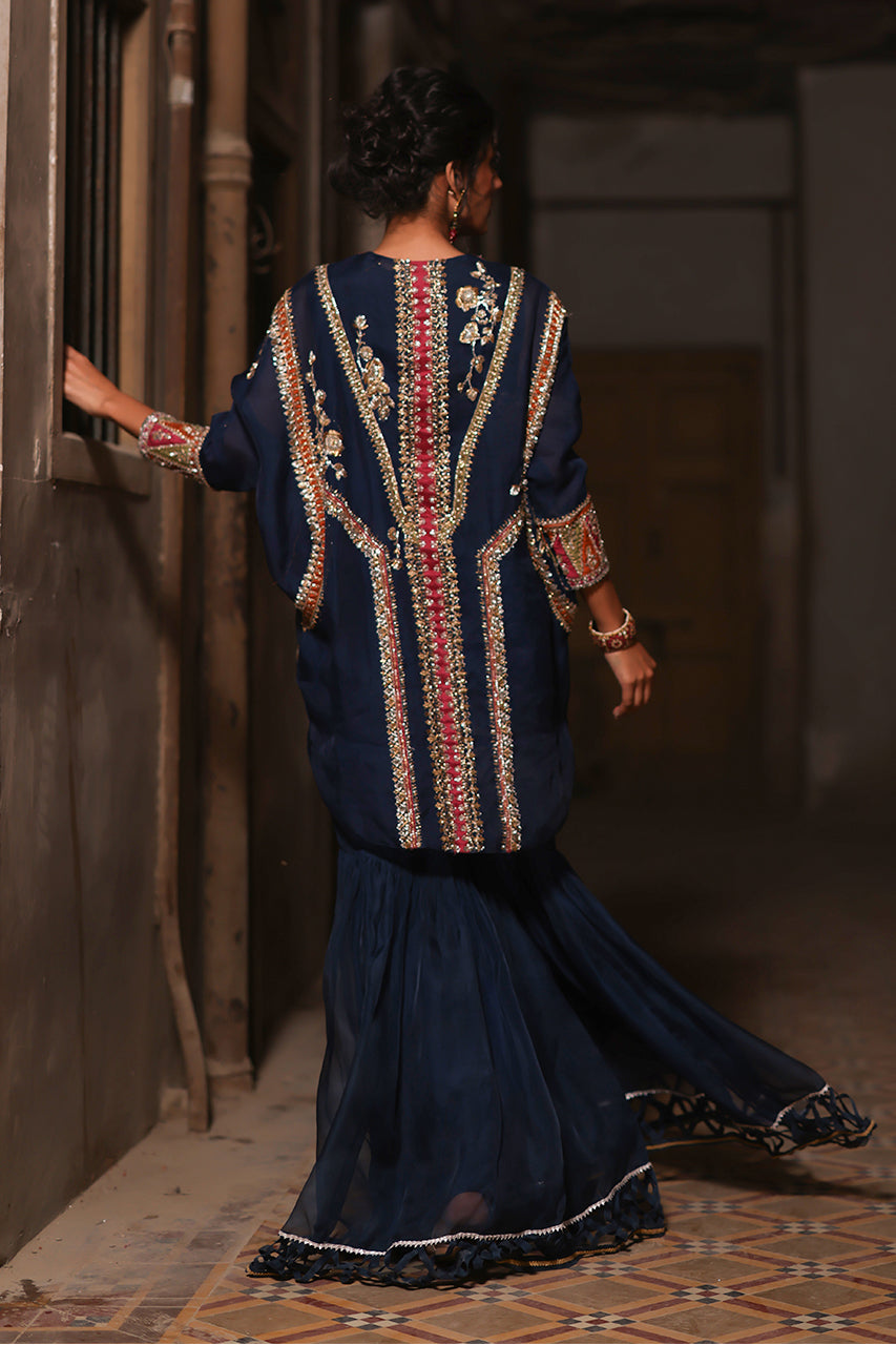 Pakistani Navy Zardozi Organza Cape Jacket with Silk Gharara (3-Piece) - Image 2