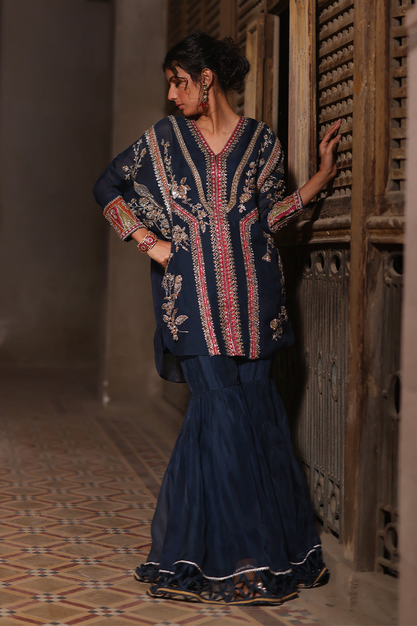 Pakistani Navy Zardozi Organza Cape Jacket with Silk Gharara (3-Piece) - Image 3