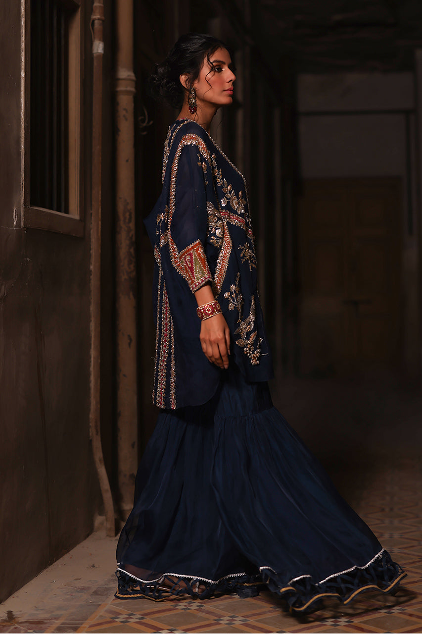 Pakistani Navy Zardozi Organza Cape Jacket with Silk Gharara (3-Piece) - Image 4