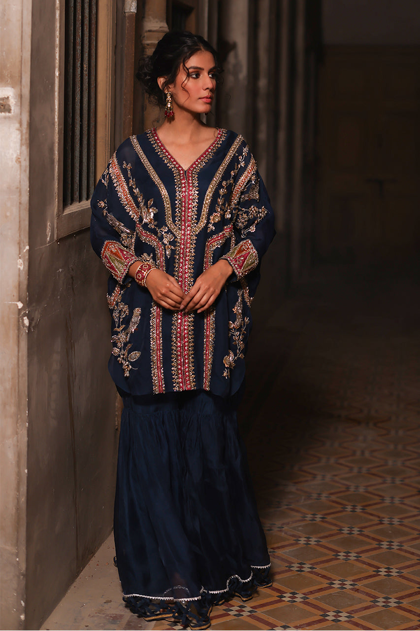 Pakistani Navy Zardozi Organza Cape Jacket with Silk Gharara (3-Piece) - Image 6