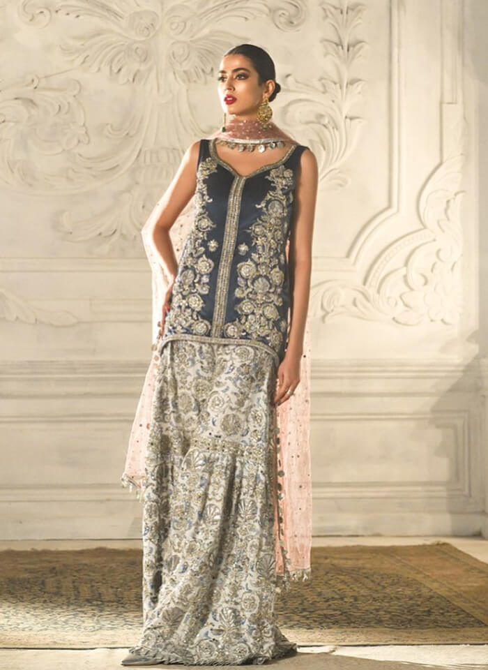 Pakistani Navy Silver Handcrafted Silk Gharara (3-Piece) - Image 1