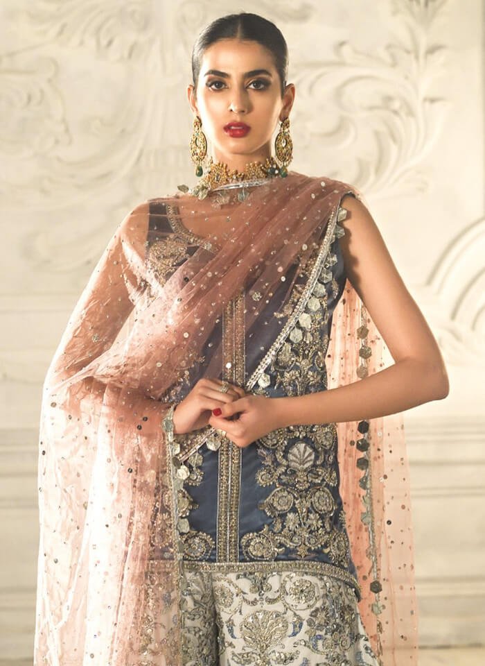 Pakistani Navy Silver Handcrafted Silk Gharara (3-Piece) - Image 2