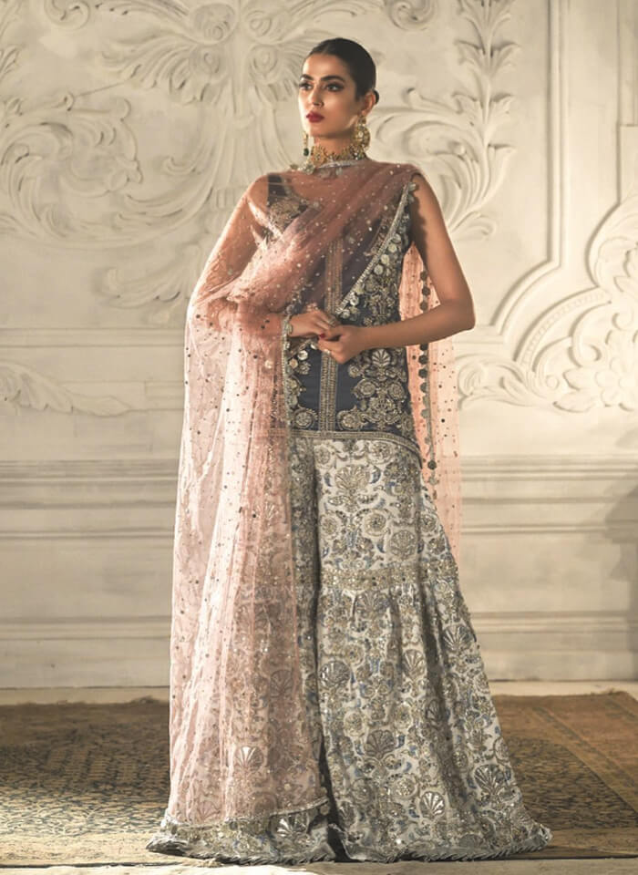 Pakistani Navy Silver Handcrafted Silk Gharara (3-Piece) - Image 3