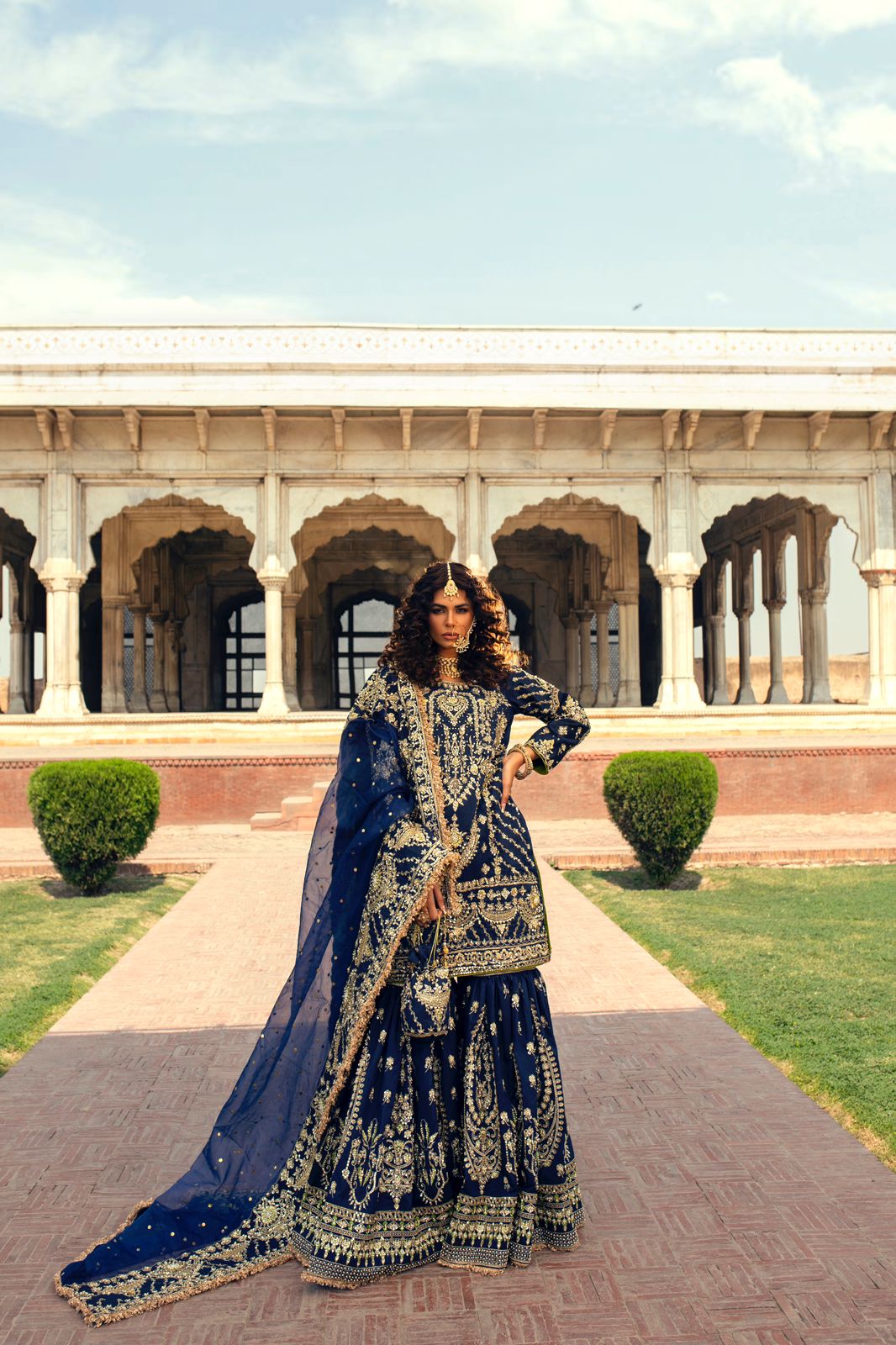 Pakistani Navy Blue Zardozi Silk Gharara Dress (3-Piece) - Image 1