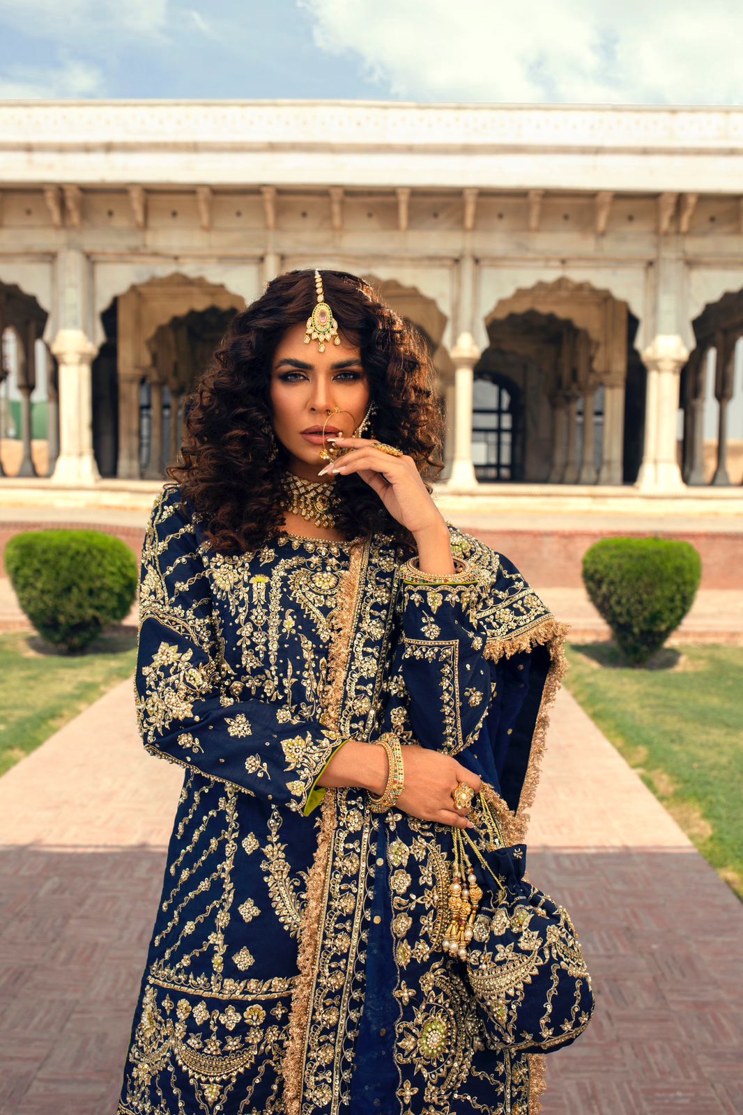 Pakistani Navy Blue Zardozi Silk Gharara Dress (3-Piece) - Image 2