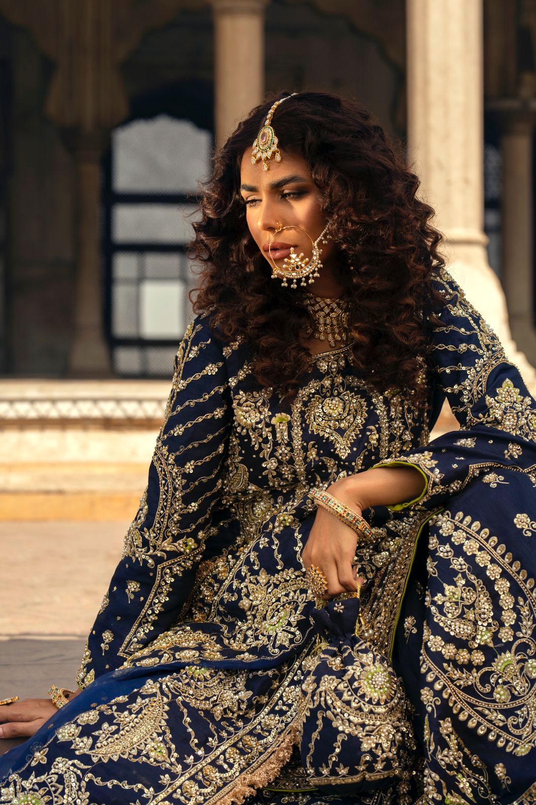 Pakistani Navy Blue Zardozi Silk Gharara Dress (3-Piece) - Image 3