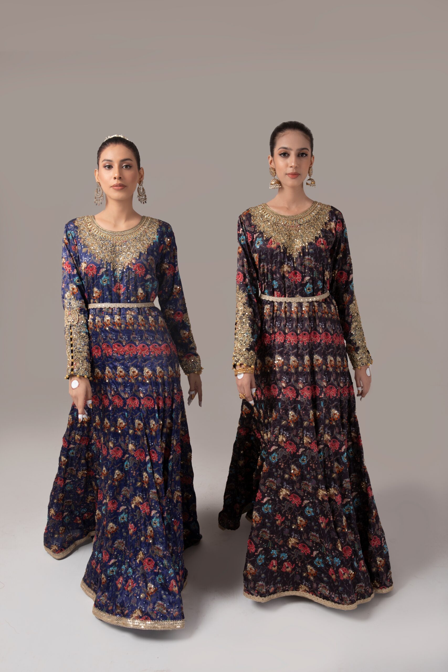 Pakistani Navy Maroon Floral Embroidered Georgette Gown (1-Pc) - Image 1