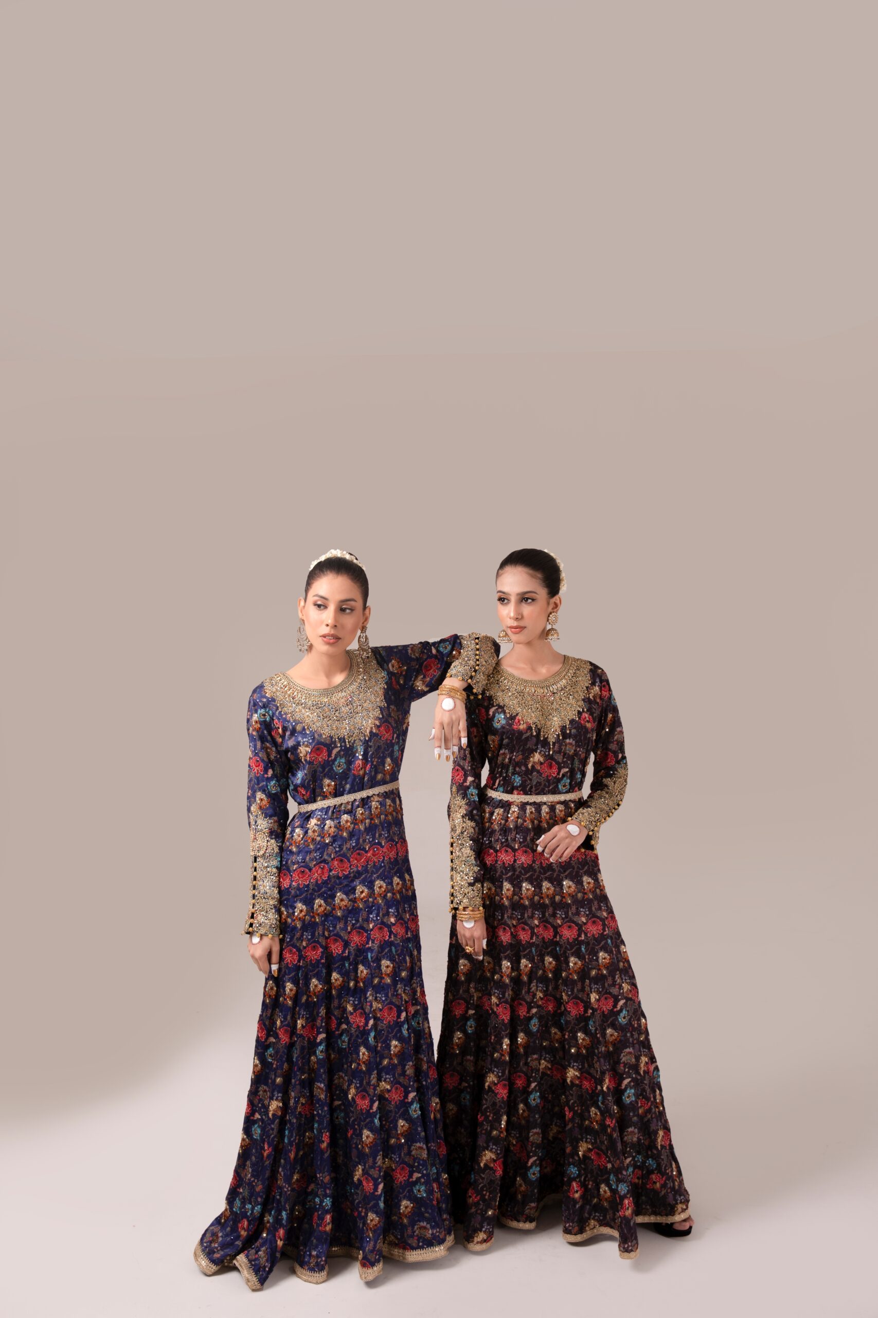 Pakistani Navy Maroon Floral Embroidered Georgette Gown (1-Pc) - Image 3