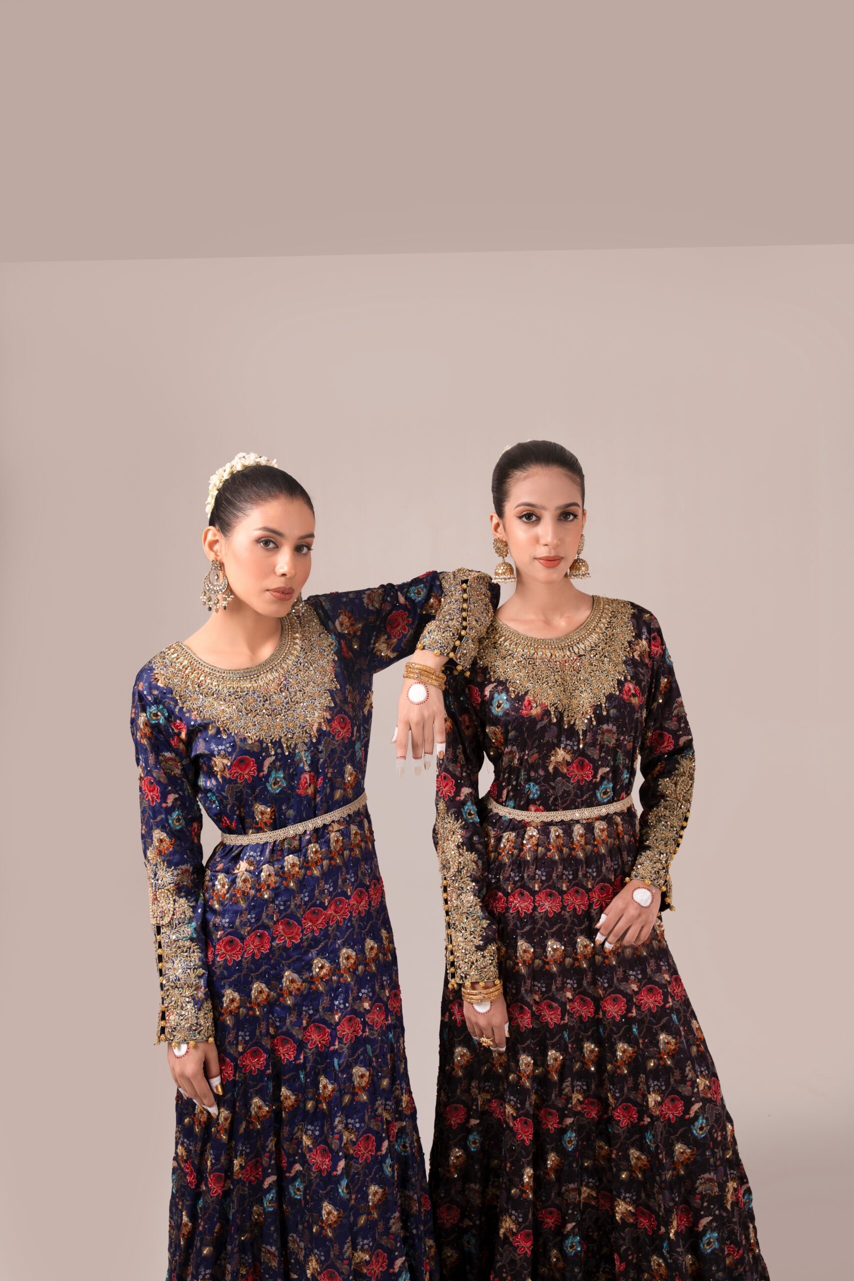 Pakistani Navy Maroon Floral Embroidered Georgette Gown (1-Pc) - Image 4