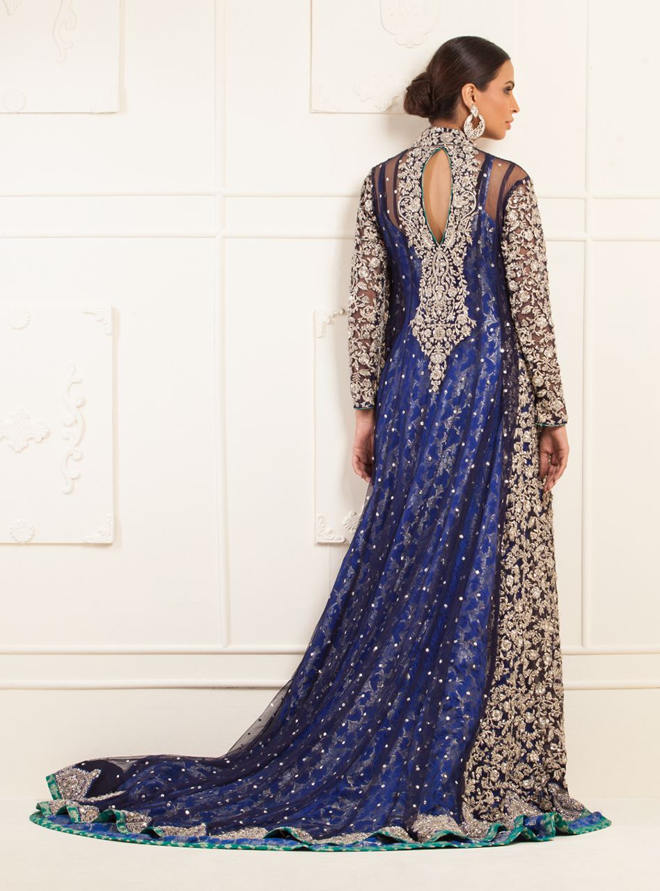 Navy Blue Embroidered Net Jacket with Jamawar Gown (2-Piece) - Image 2