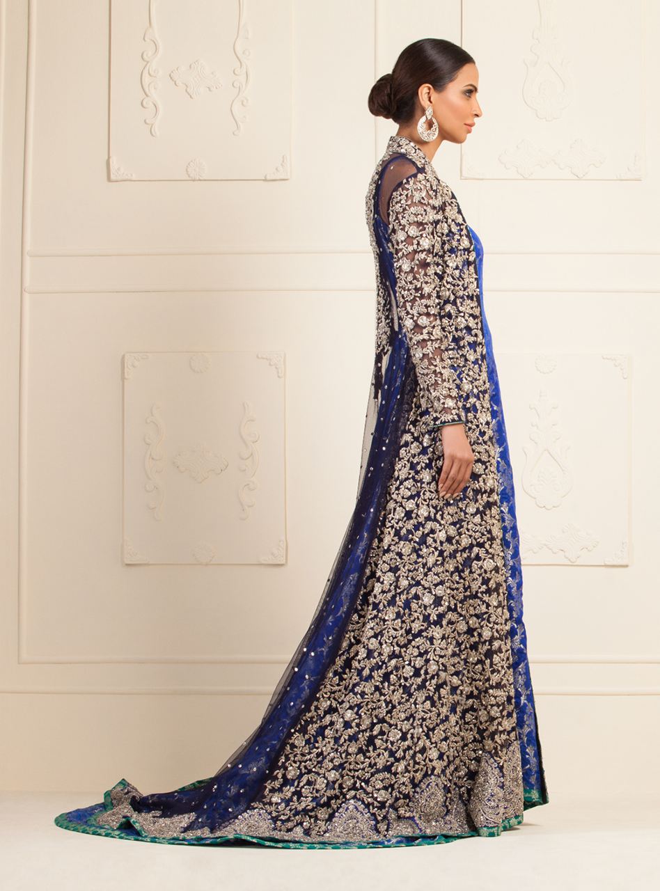 Navy Blue Embroidered Net Jacket with Jamawar Gown (2-Piece) - Image 3