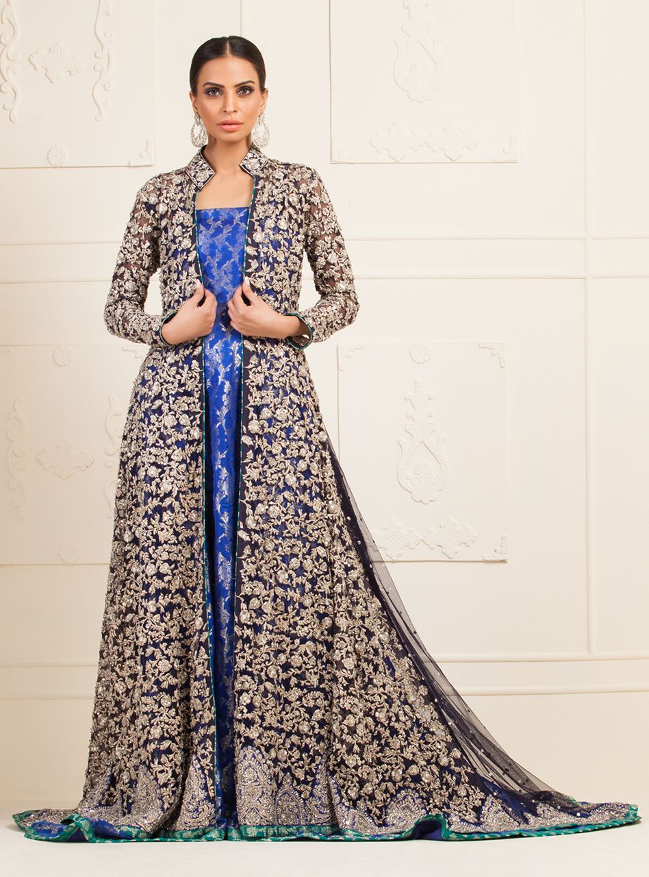 Navy Blue Embroidered Net Jacket Jamawar Gown (2-Piece) - Image 1