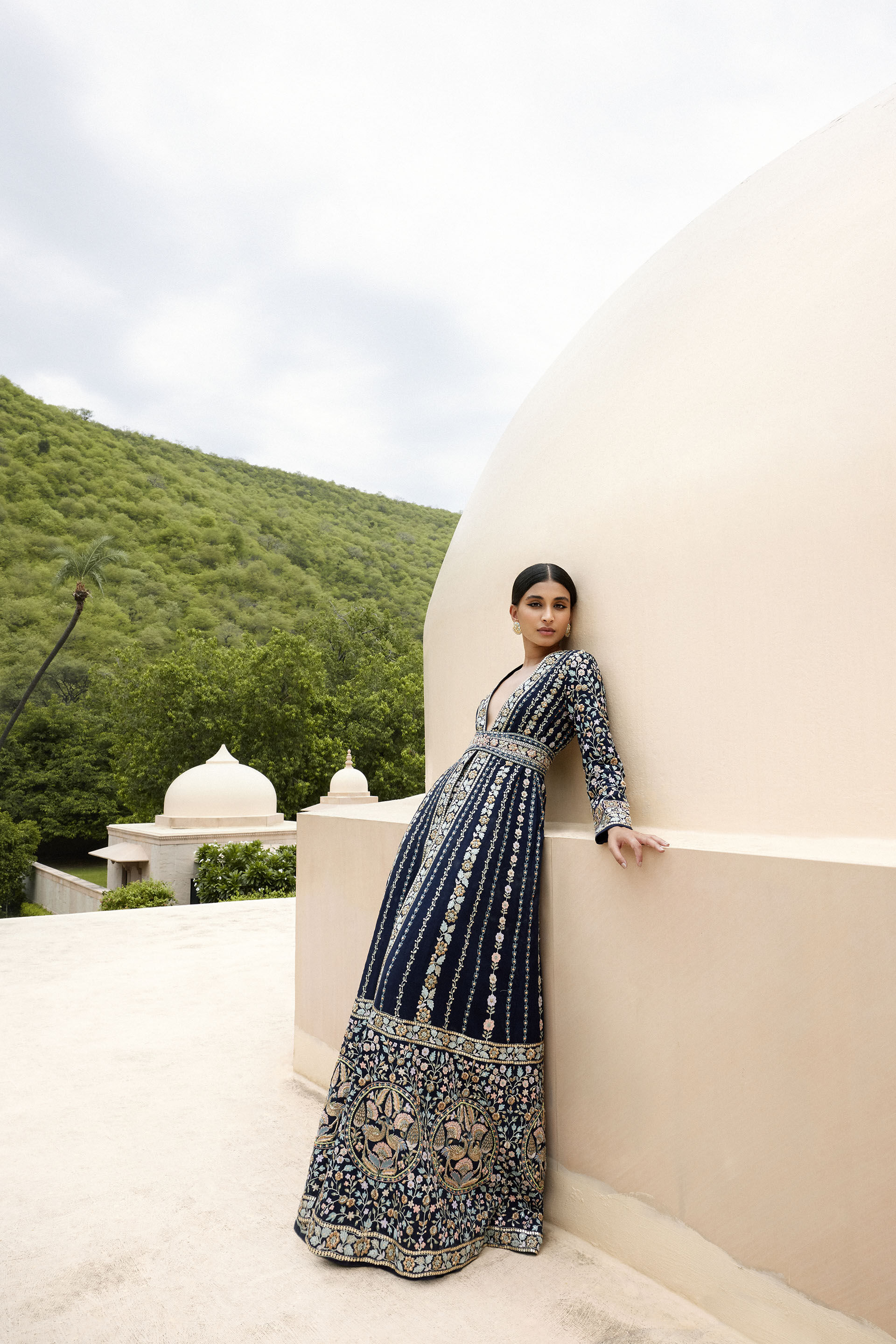 Indian Navy Blue Zardozi Embroidered Matka Silk Gown (3-Piece) - Image 1