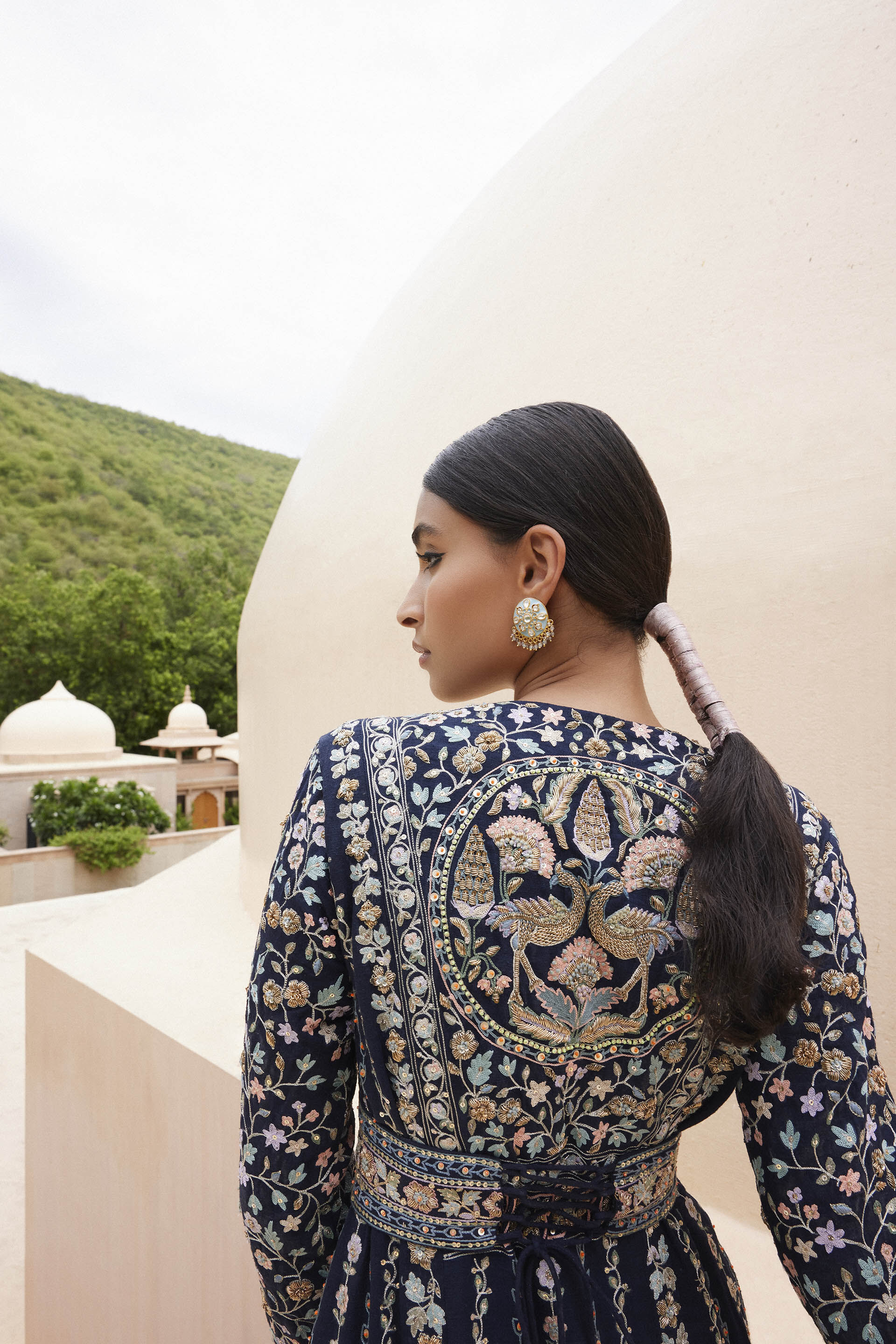 Indian Navy Blue Zardozi Embroidered Matka Silk Gown (3-Piece) - Image 5
