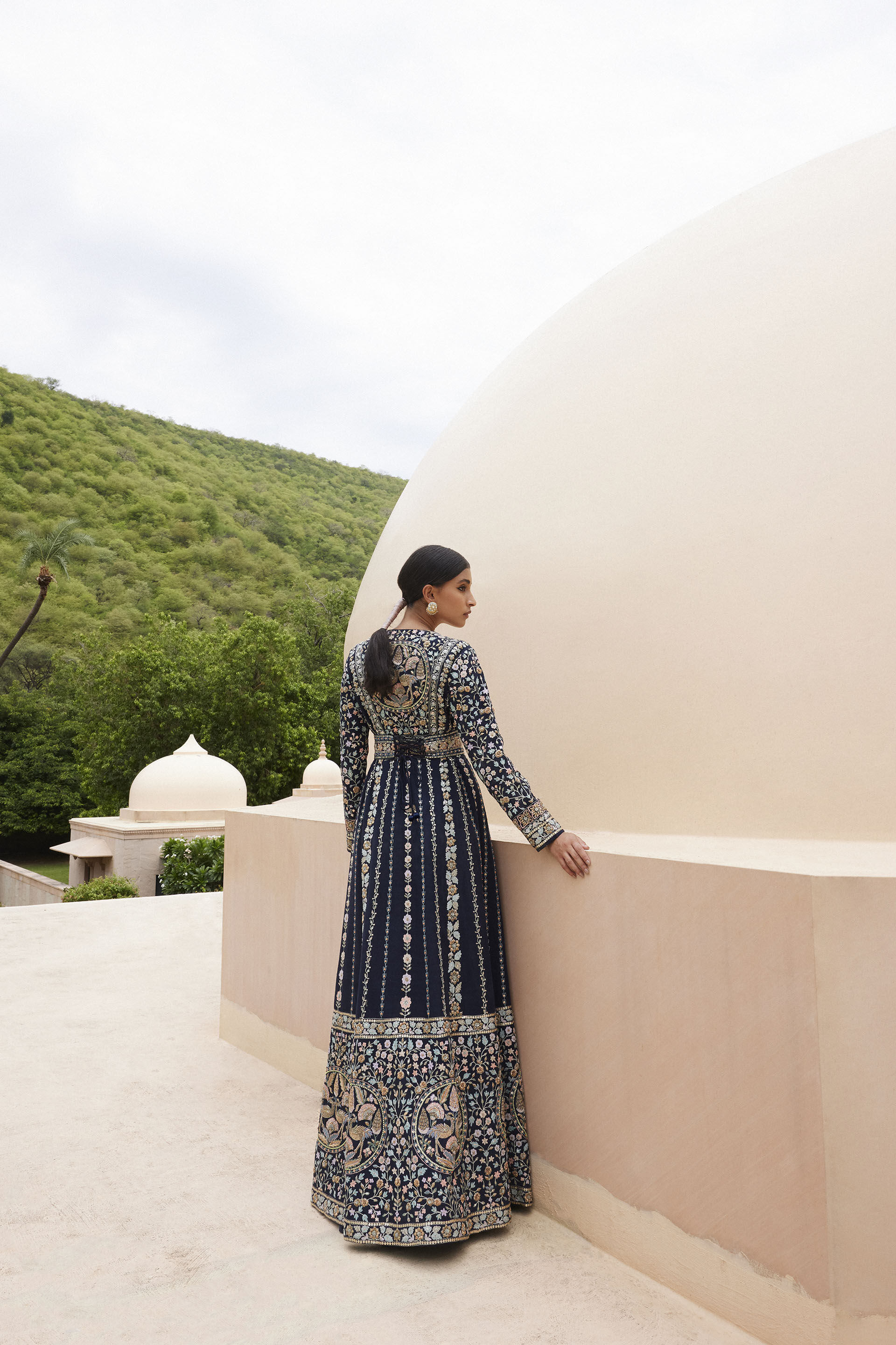 Indian Navy Blue Zardozi Embroidered Matka Silk Gown (3-Piece) - Image 6