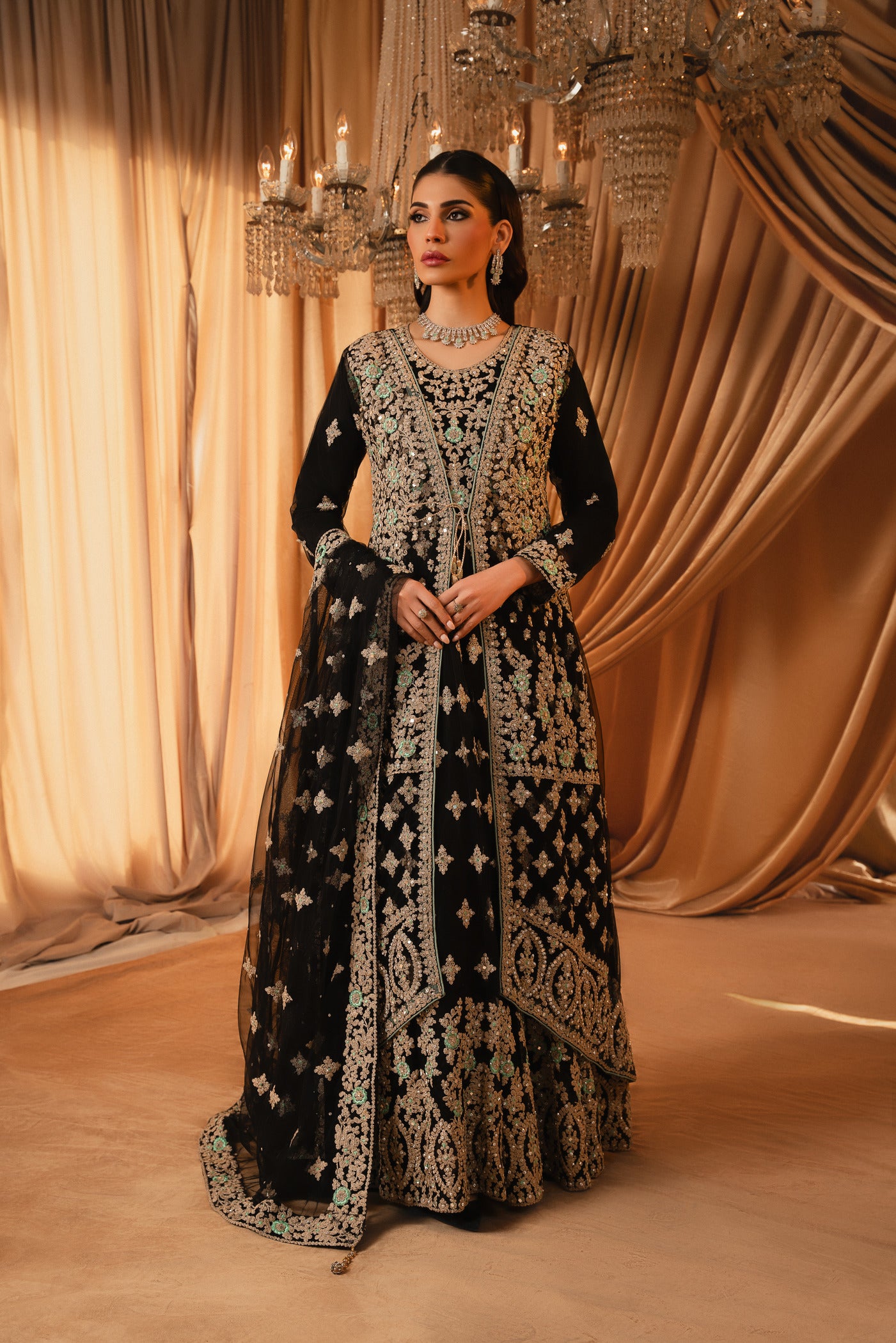 Pakistani Navy Blue Embroidered Net Floor-Length Gown (4-Piece) - Image 1