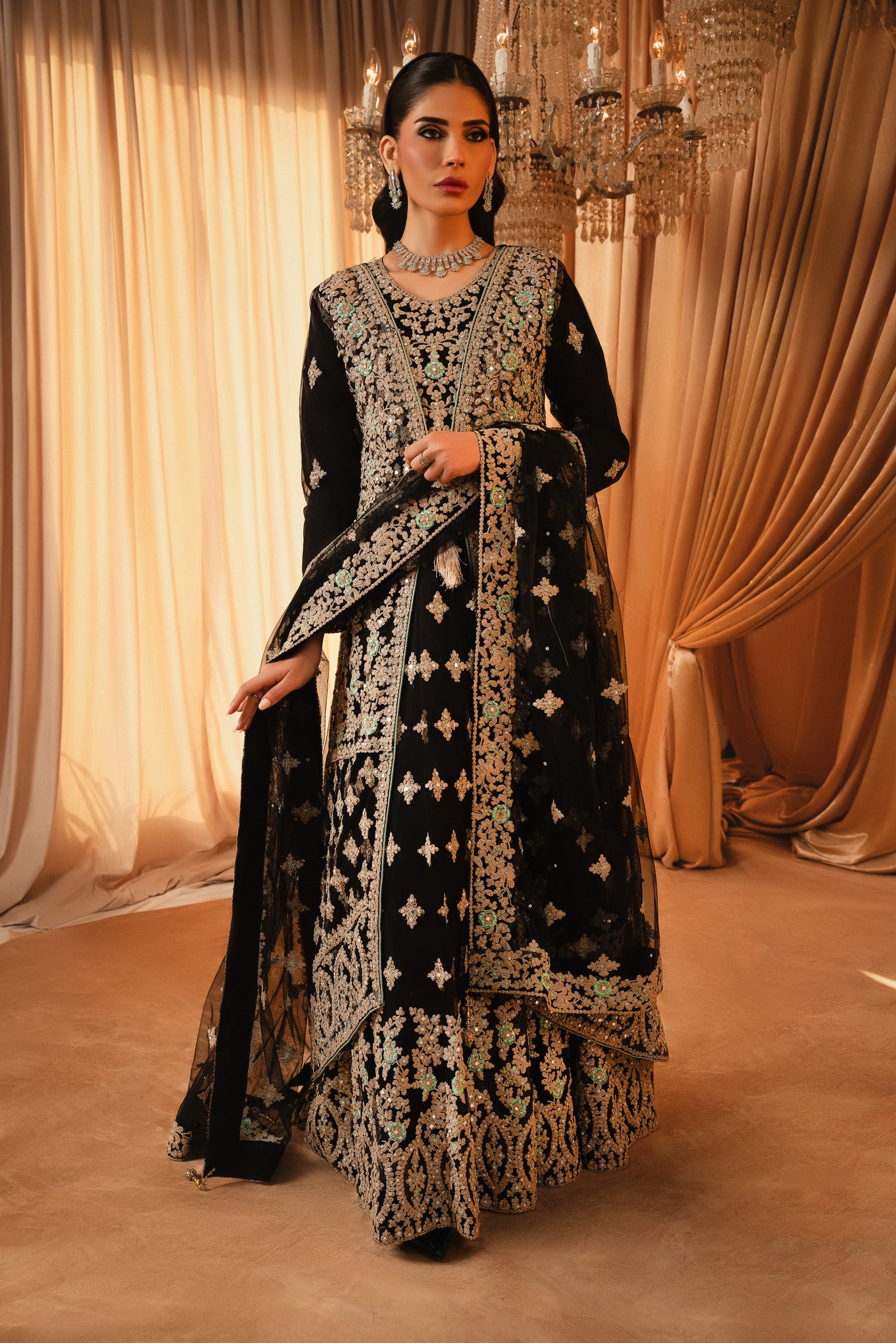 Pakistani Navy Blue Embroidered Net Floor-Length Gown (4-Piece) - Image 2