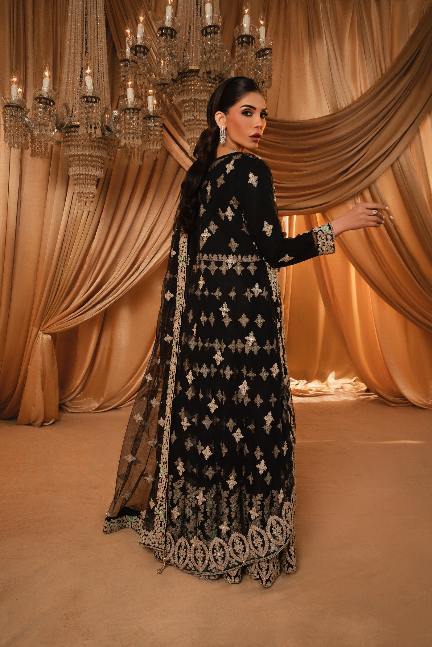 Pakistani Navy Blue Embroidered Net Floor-Length Gown (4-Piece) - Image 3