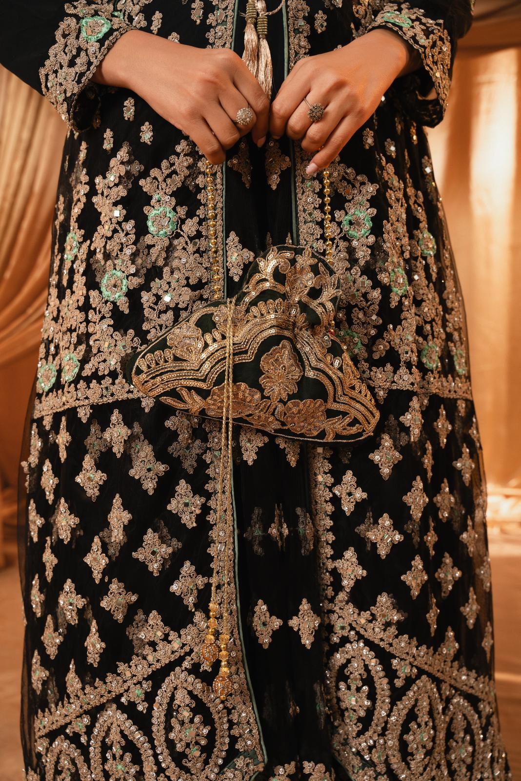 Pakistani Navy Blue Embroidered Net Floor-Length Gown (4-Piece) - Image 4