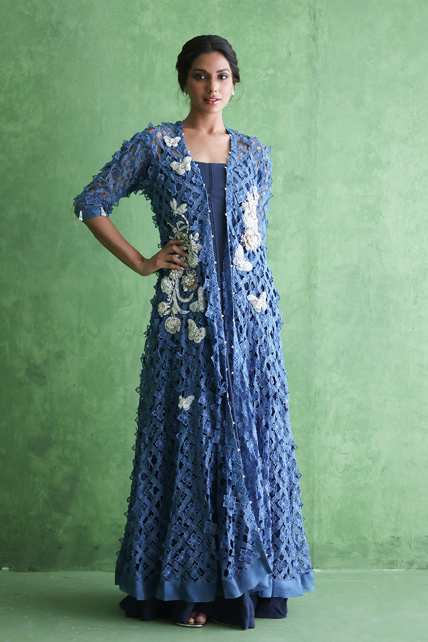 Navy Cutwork Embroidered Organza Gown (2-Piece) - Image 1