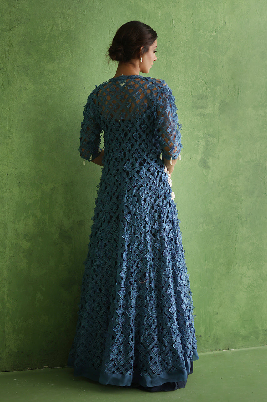 Navy Cutwork Embroidered Organza Gown (2-Piece) - Image 2