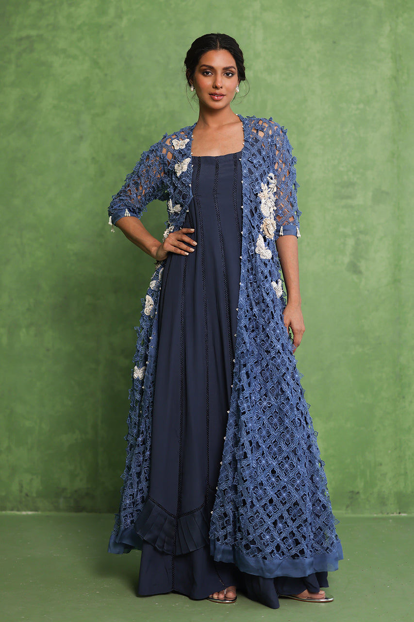Navy Cutwork Embroidered Organza Gown (2-Piece) - Image 3