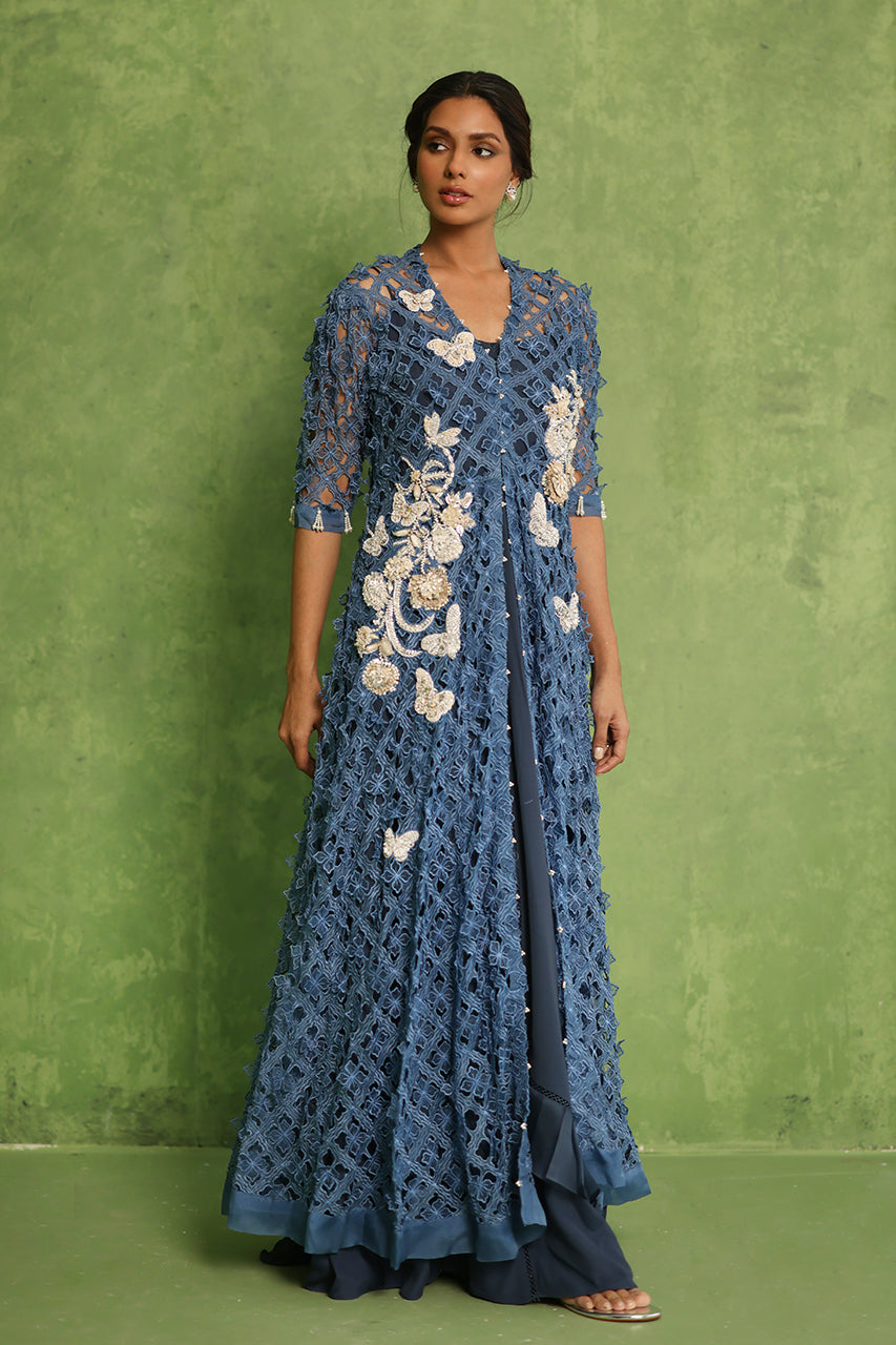 Navy Cutwork Embroidered Organza Gown (2-Piece) - Image 4