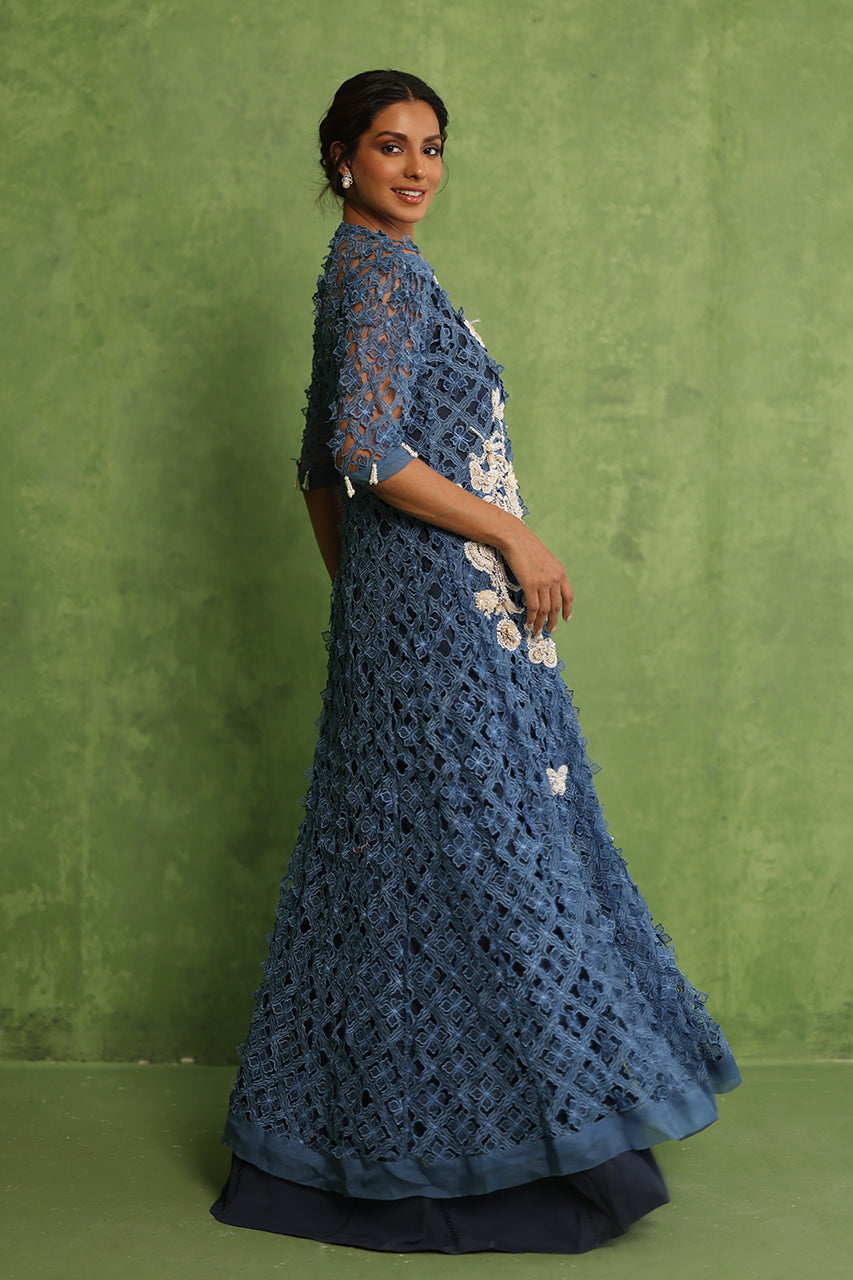 Navy Cutwork Embroidered Organza Gown (2-Piece) - Image 5