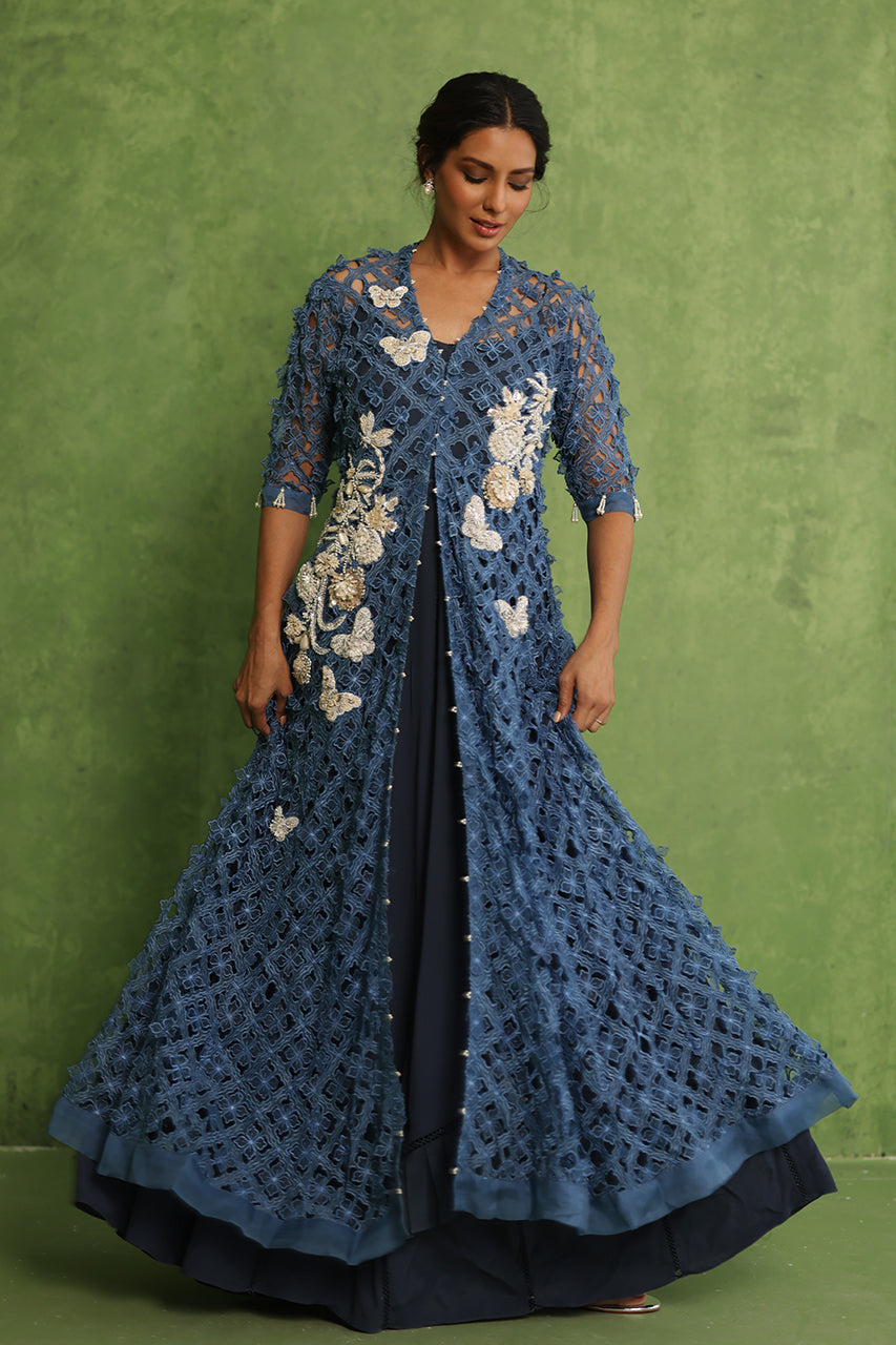 Navy Cutwork Embroidered Organza Gown (2-Piece) - Image 6