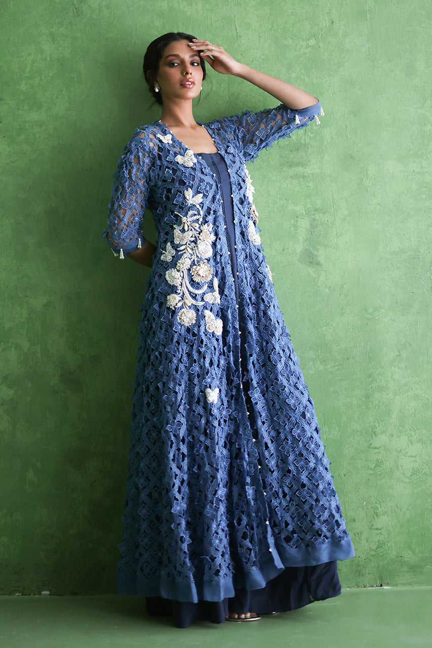 Navy Cutwork Embroidered Organza Gown (2-Piece) - Image 7