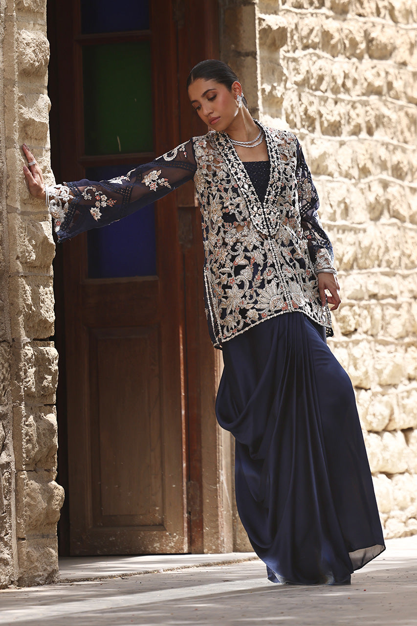 Navy Zardozi Organza Jacket with Silk Drape Skirt (2-Piece) - Image 1