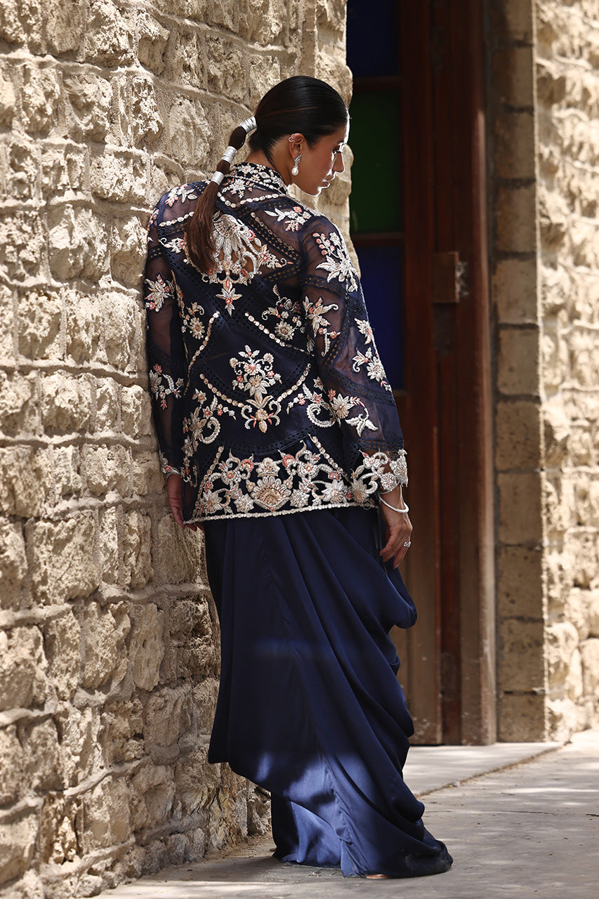Navy Zardozi Organza Jacket with Silk Drape Skirt (2-Piece) - Image 2