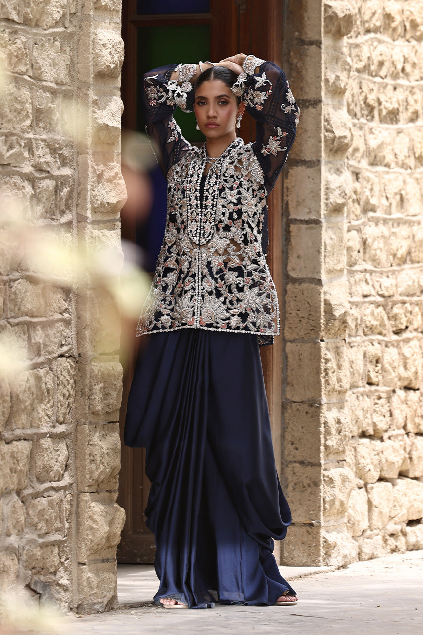Navy Zardozi Organza Jacket with Silk Drape Skirt (2-Piece) - Image 3