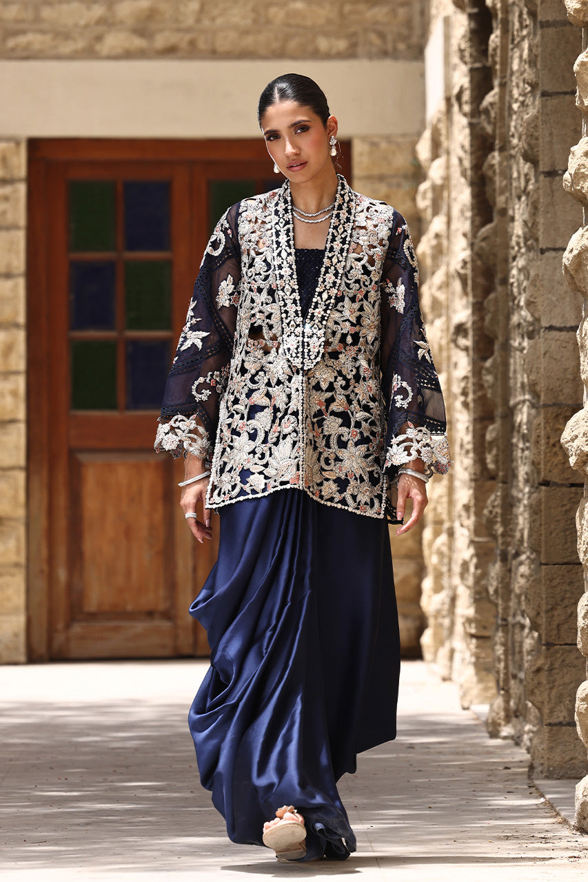 Navy Zardozi Organza Jacket with Silk Drape Skirt (2-Piece) - Image 4