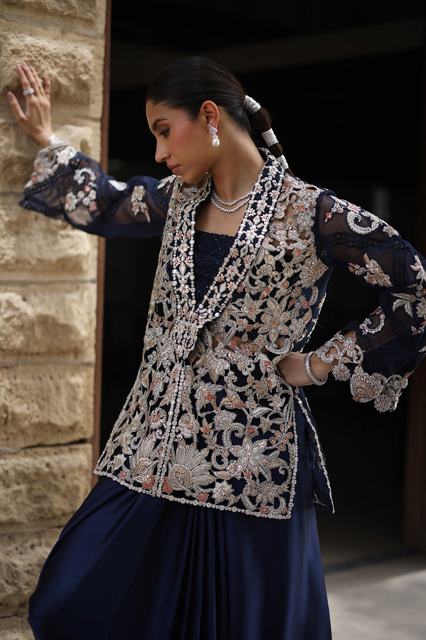 Navy Zardozi Organza Jacket with Silk Drape Skirt (2-Piece) - Image 5