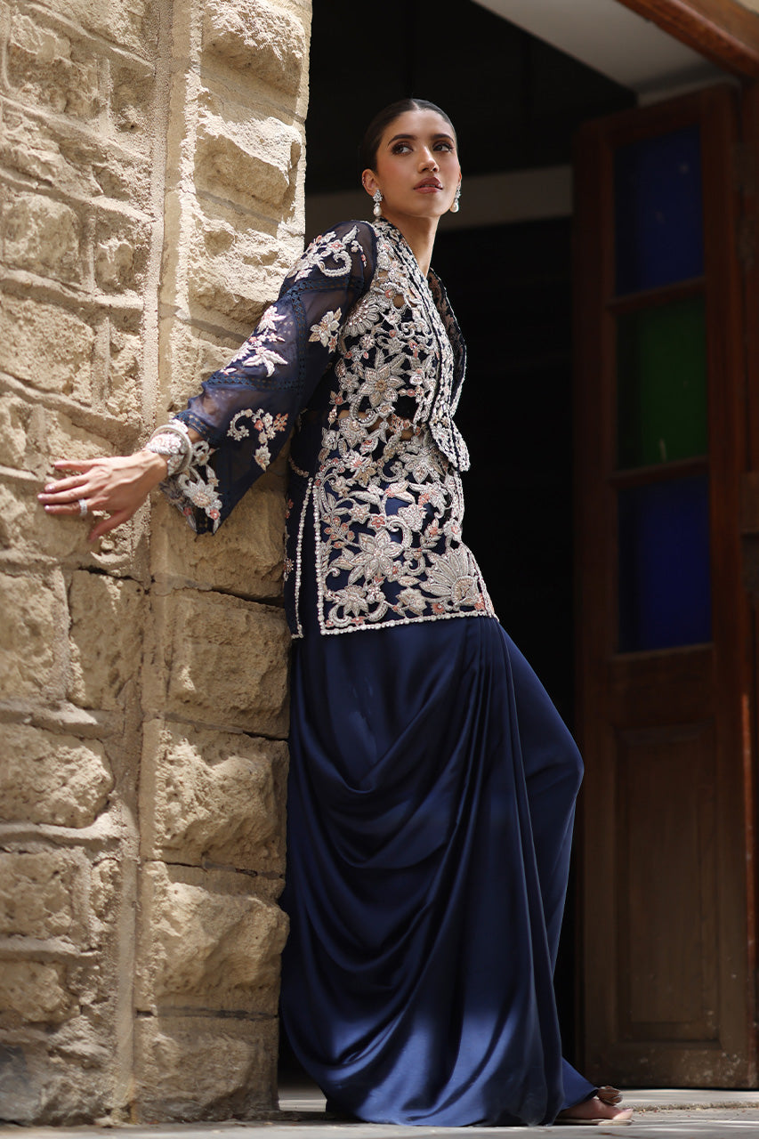 Navy Zardozi Organza Jacket with Silk Drape Skirt (2-Piece) - Image 6