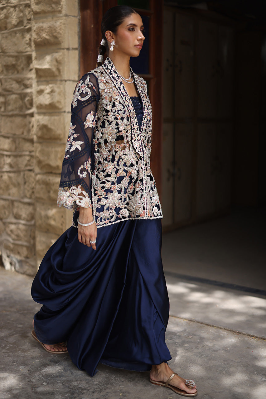 Navy Zardozi Organza Jacket with Silk Drape Skirt (2-Piece) - Image 7