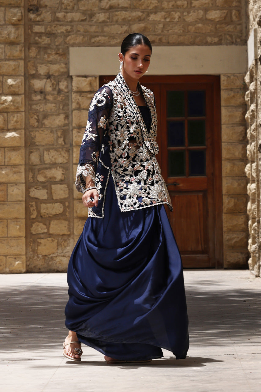 Navy Zardozi Organza Jacket with Silk Drape Skirt (2-Piece) - Image 8