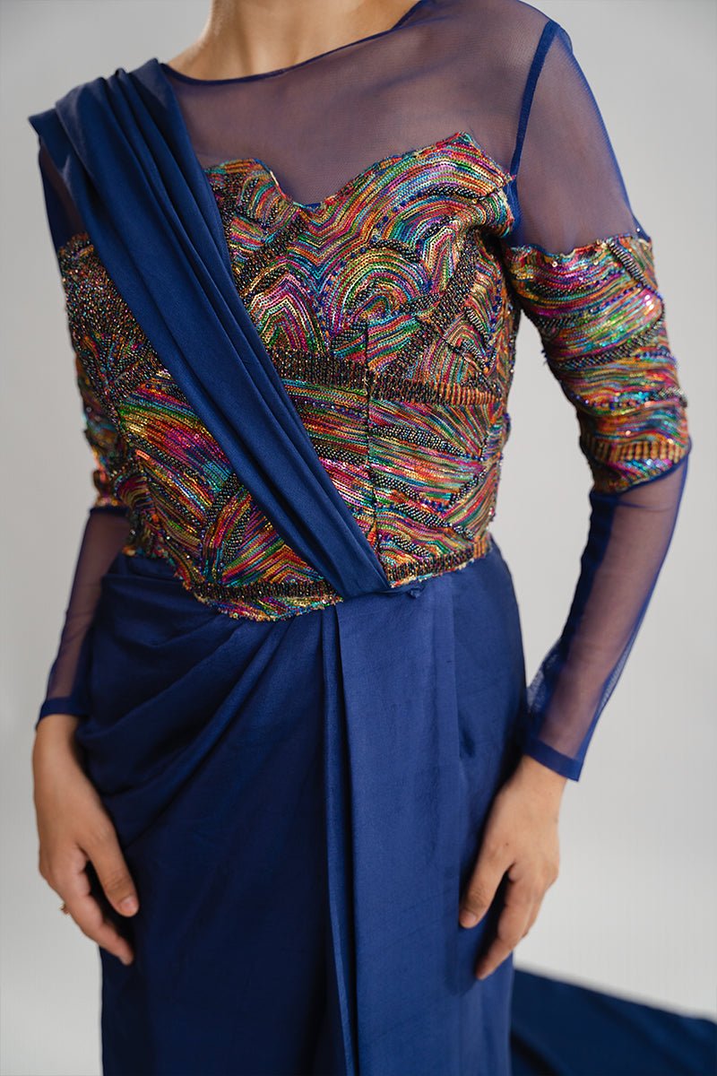 Navy Blue Sequin Net & Raw Silk Drape Gown (2-Piece) - Image 3