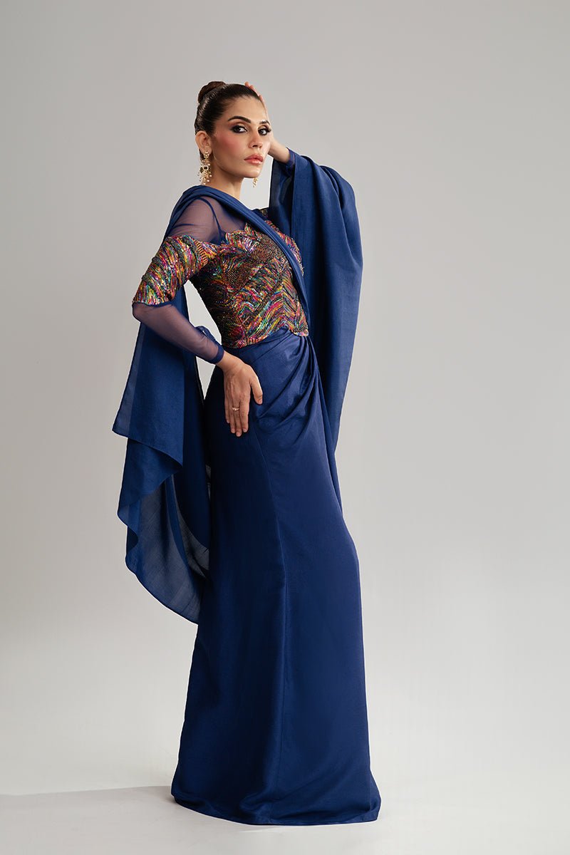 Navy Blue Sequin Net & Raw Silk Drape Gown (2-Piece) - Image 8