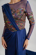 Pakistani Navy Blue Sequin Net and Raw Silk Gown (2-Piece) - Image 2