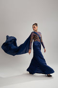 Pakistani Navy Blue Sequin Net and Raw Silk Gown (2-Piece) - Image 4