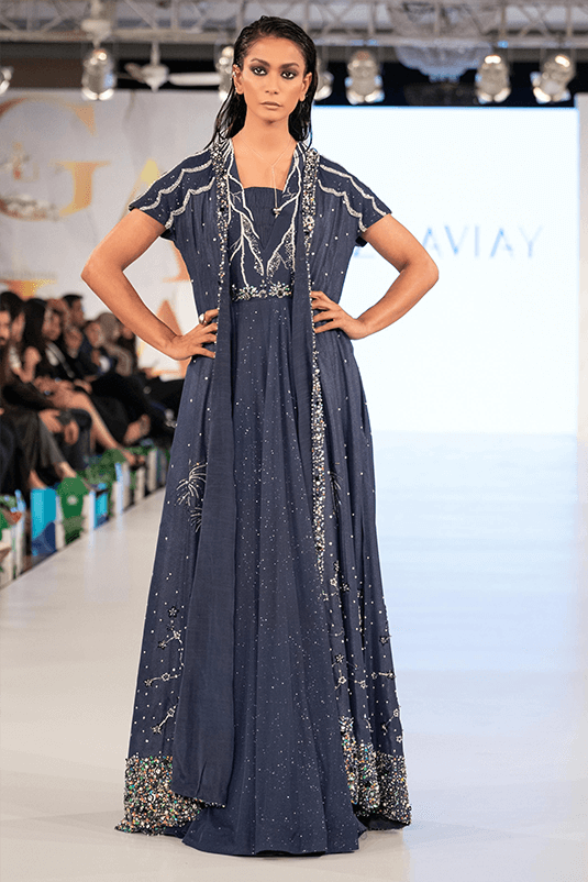 Navy Blue Embellished Silk Moonlight Gown (1-Pc) - Image 1