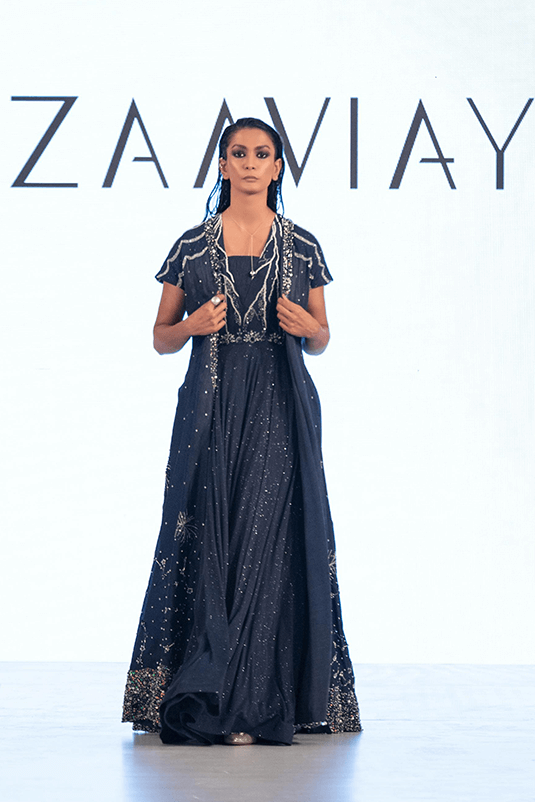 Navy Blue Embellished Silk Moonlight Gown (1-Pc) - Image 2