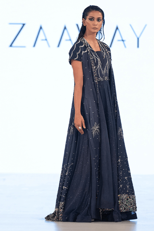 Navy Blue Embellished Silk Moonlight Gown (1-Pc) - Image 3