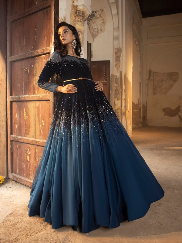 Navy Blue Embellished Velvet Organza Maxi Dress (1-Pc) - Image 2