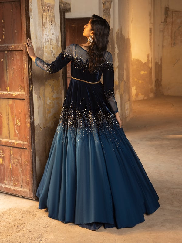 Navy Blue Embellished Velvet Organza Maxi Dress (1-Pc) - Image 3