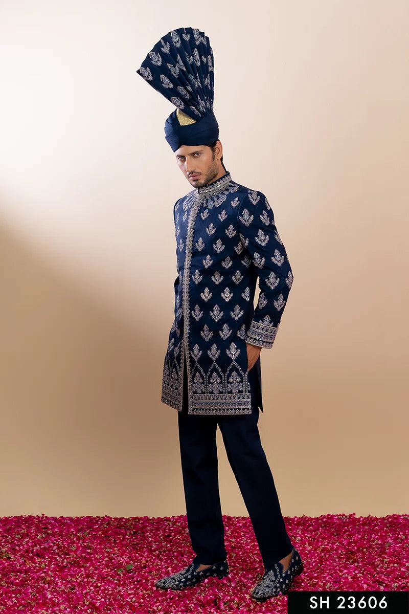 Navy Blue Embellished Baar Silk Groom Sherwani (5-Piece) - Image 1