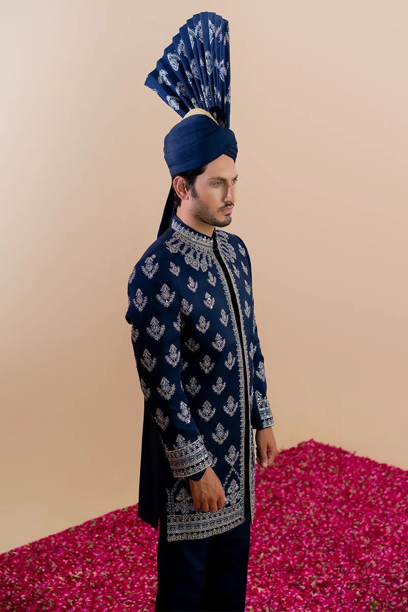 Navy Blue Embellished Baar Silk Groom Sherwani (5-Piece) - Image 2